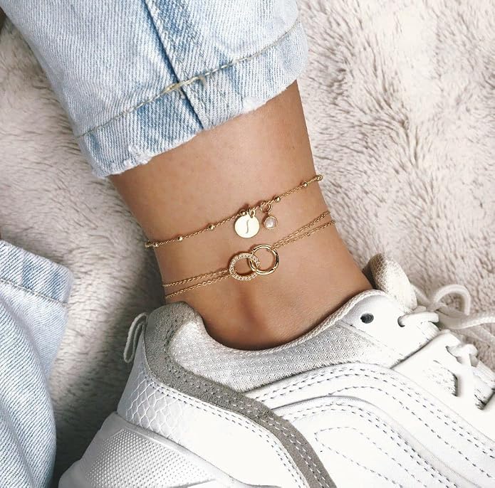 Gold Ankle Bracelets for Women, 14K Gold Plated Anklets Adjustable Cuban Link Anklets Set Tiny Cute Summer Barefoot Jewelry Gift.