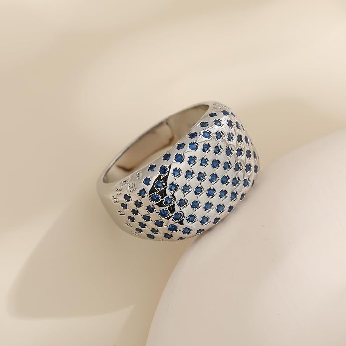 Bold Architectural Ring with Blue Zirconia, 925 Sterling Silver White Gold Plated Chunky Wide Eternity Band, Brutalist Statement Ring for Women, Maximalist Jewelry Gift
