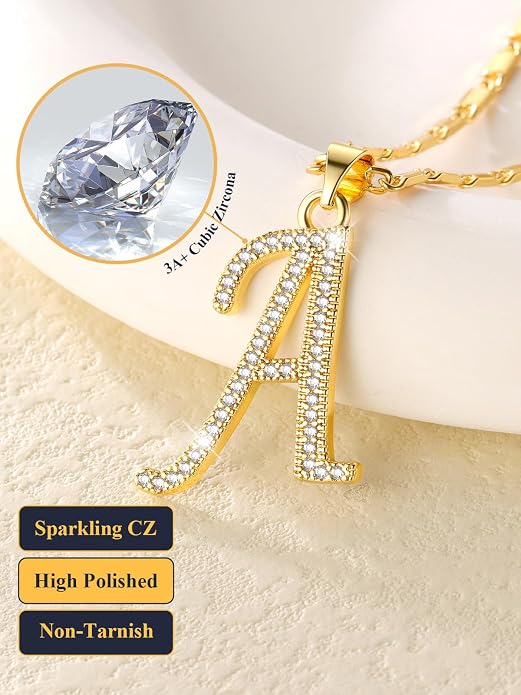 U7 Initial Necklace for Women, Gold/Platinum Plated CZ Crystal Letter A-Z Pendant Necklace, Shiny 20 Inch Name Chain Dainty Personalized Jewelry for Men Mom Wife Friend