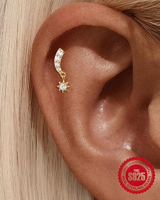 925 Sterling Silver Flower Cartilage Earring for Women 14K Gold Plated Flat Back Helix Tragus Conch Stud Internally Threaded Dainty CZ Floral Labret Piercing Jewelry