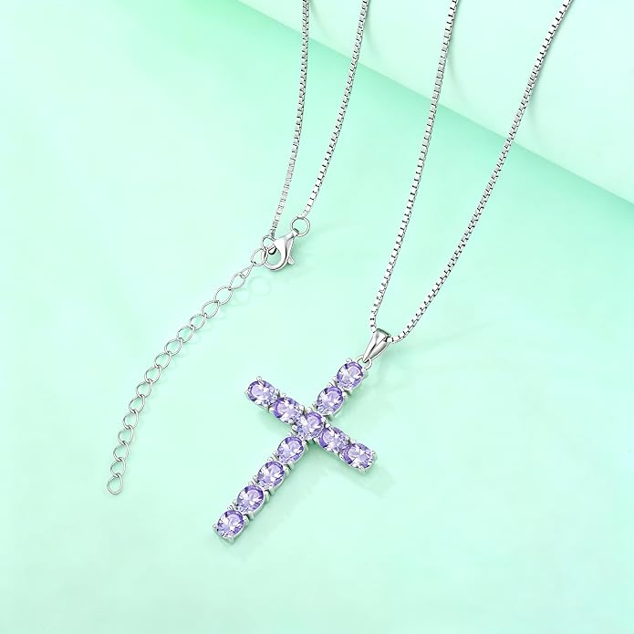 925 Sterling Silver Cross Necklace for Women Men Christian Jesus Faith Birthstone Cross Crucifix Pendant Necklaces