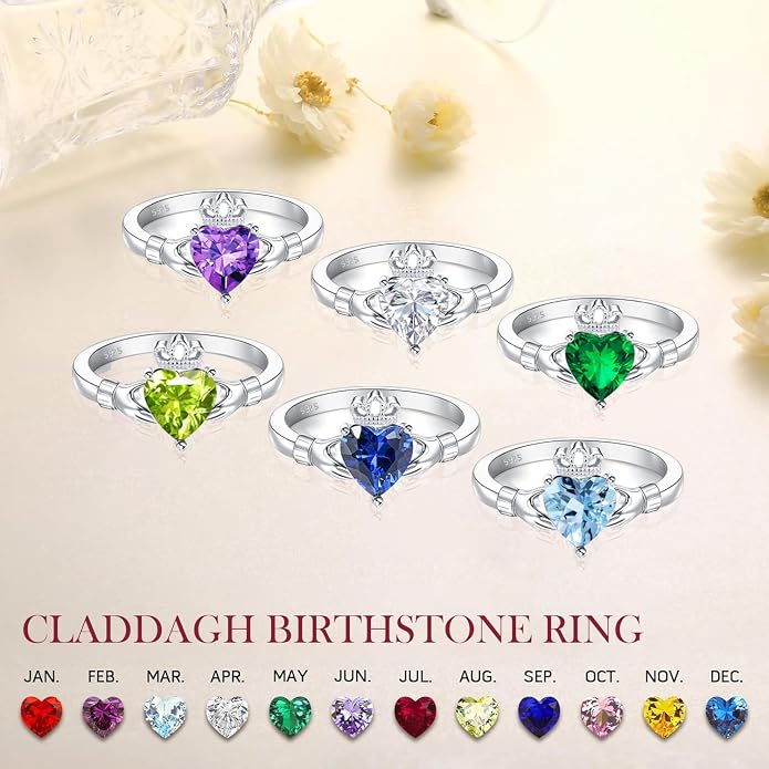 Claddagh Rings for Women 925 Sterling Silver Irish Birthstone Statement Ring Jewelry for Wife