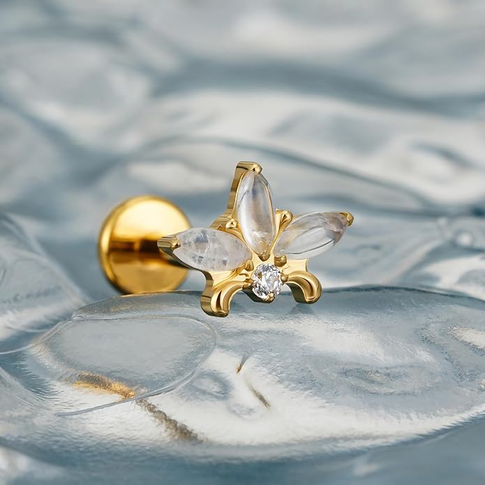 FINE4U ASTM F136 Titanium Piercing Jewelry Stud - 16G 6mm 8mm Triple Marquise Lotus Flower Cartilage Earring, Hypoallergenic Flatback Bridal Jewelry