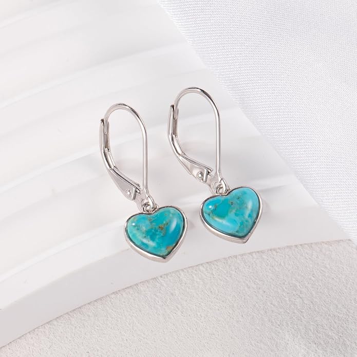 Heart Natural Turquoise Earrings for Women - Top AAA Grade, Hypoallergenic 925 Sterling Silver Leverback Dangle Earrings, Trendy Jewelry Gifts