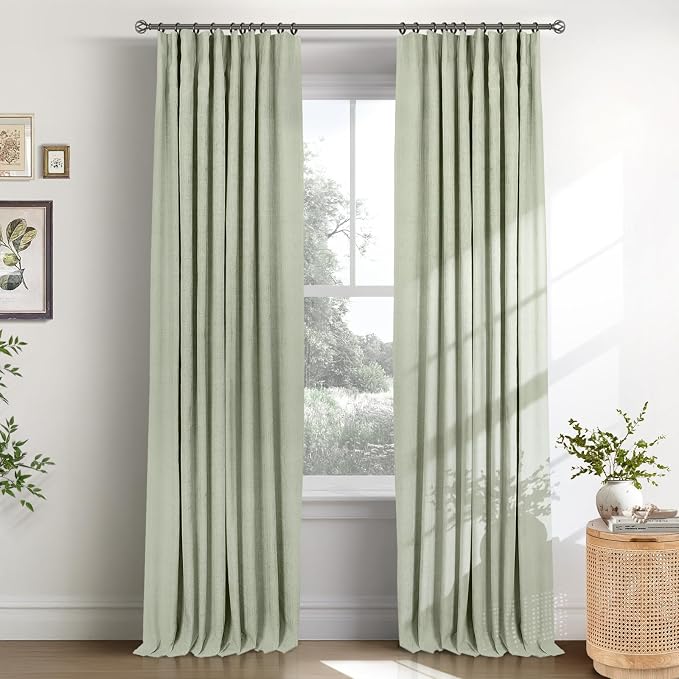INOVADAY 100% Blackout Curtains for Bedroom, Sage Black Out Curtains 96 Inch Long, Clip Rings Linen Blackout Drapes, Thermal Insulated Room Darkening for Living Room, 2 Panels - W50xL96