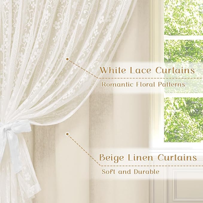 ASPMIZ Linen Curtains for Bedroom, Double Layered Boho Curtain 63 Inch Length 2 Panels Set, Rod Pocket Curtains & Drapes with Tiebacks, Light Filtering Drapes for Living Room 52 x 63 Inch, Beige