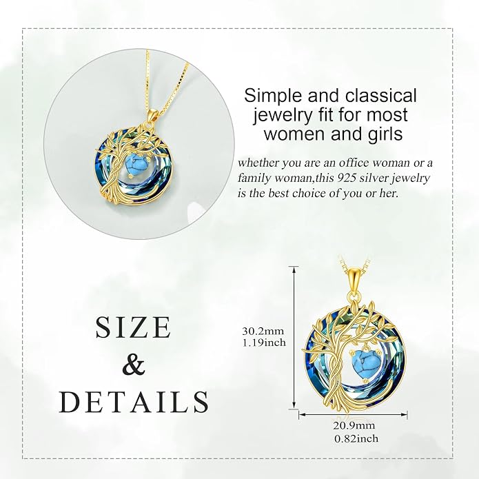 POPLYKE Mothers Day Gifts for Mom Her Wife Tree of Life Necklace 925 Sterling Silver Birthstone Pendant with Crystal Anniversary Birthday Wedding Jewelry for Women
