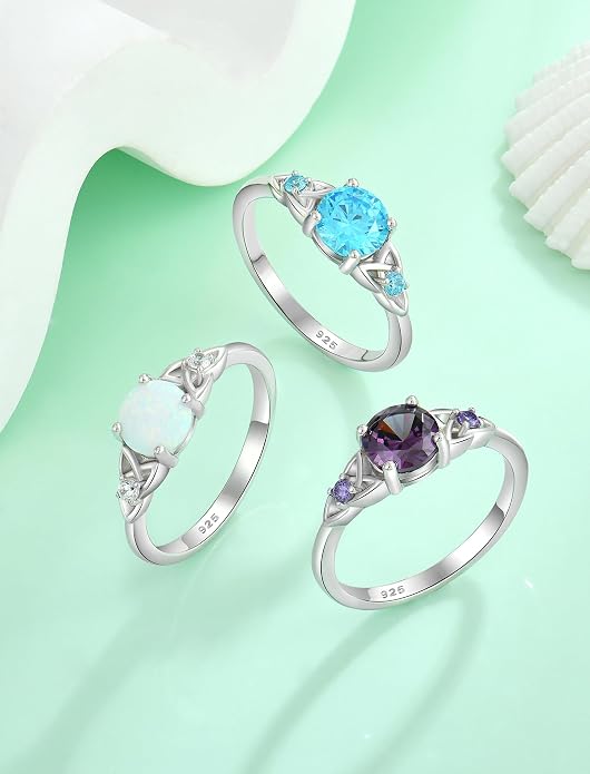 Celtic Knot Rings for Women 925 Sterling Silver Solitaire Ring Wedding Engagement Band Round Birthstone Jewelry Size 5-10