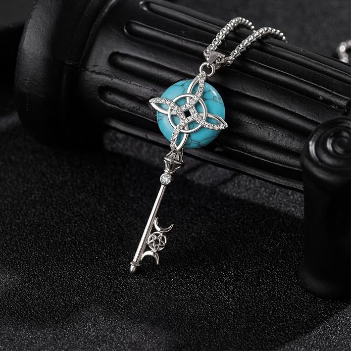 Natural Moonstone Crystal Key Necklace for Women, Retro Triple Moon Key Healing Crystal Wiccan Pagan Jewelry Gift