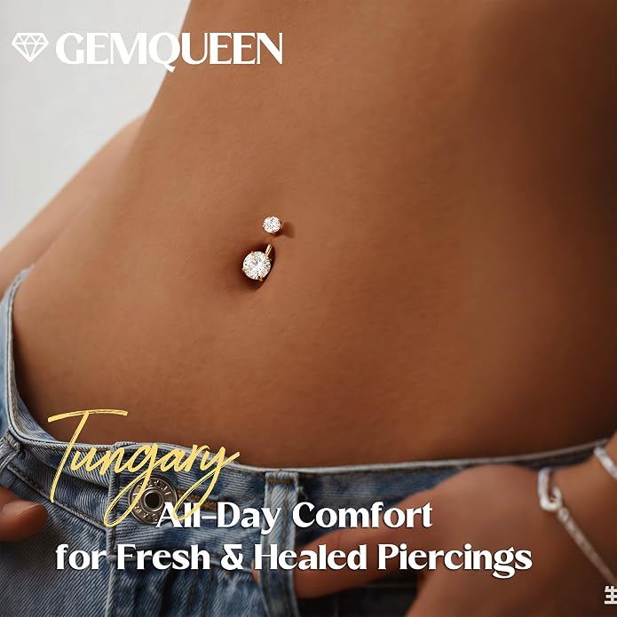 GEMQUEEN Moissanite ＆ G23 TItanium Belly Button Ring 18K Gold Plated Hypoallergenic Internally Threaded Belly Rings 14G Navel Piercing Jewelry For Women Men D Color VVS1 Clarity Brilliant Cut