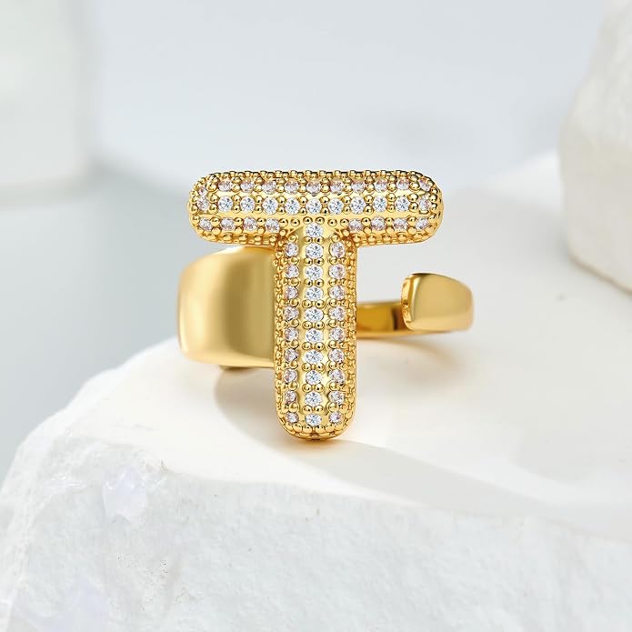 Cicy Bell Initial Rings for Women 14k Gold Plated Cubic Zirconia Delicate Letter Chunky Statement Open Rings Gifts for Her