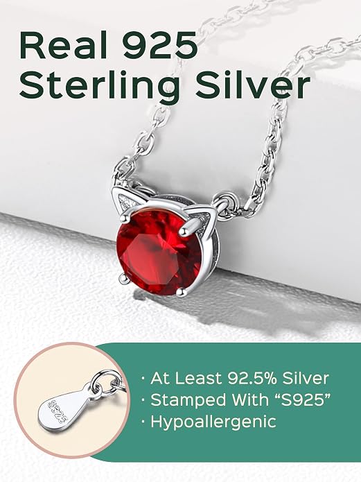 ChicSilver Bow and Cat Birthstone Necklace, 925 Sterling Silver Pendant Necklaces for Women, Hypoallergenic Silver Choker with 16 inch Rolo Chain, 12 Months Jewelry for Valentines Mothers Day Christmas