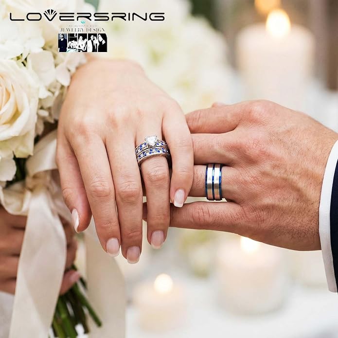 Couple Ring Bridal Sets His Hers Women 10k White Gold Filled Men Tungsten Carbide Wedding Engagement Ring Band