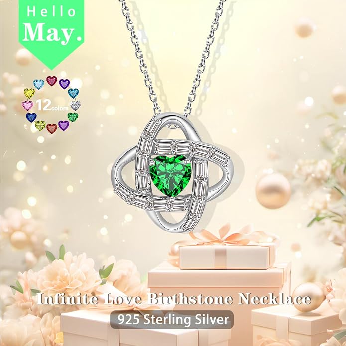 Birthstone Necklace for Women, S925 Sterling Silver Jewelry Gifts, White Gold Plated Love Knot Pendant, Anniversary Birthday Vanlentine Day's Gifts for Grandma, Wife, Mom and Sister