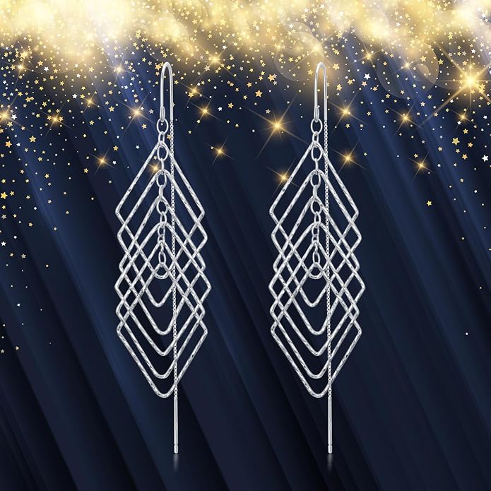 Sterling Silver Threader Earrings Flower Heart Moon Star Tiny Cube Rhombus Sector Beads Dream Catcher Evil Eye Butterfly Leaf Lightning Bolt Tassel Dangle Drop Chain Charm Earrings Jewelry Gifts for Women