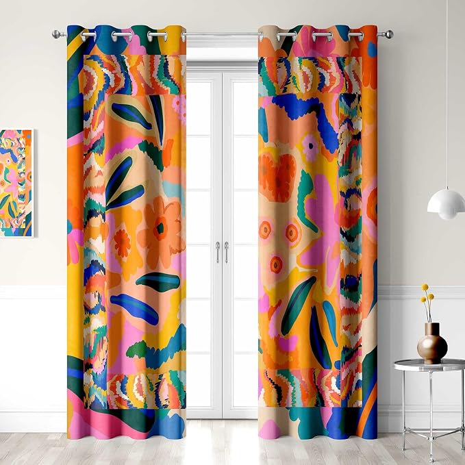 Floral Black Out Curtains, Colorful Boho Abstract Jungle Asthetic Modern Contemporary Decor for Home Bedroom, Living Room Grommet Window Drapes 2 Panel Set, 52"x96"