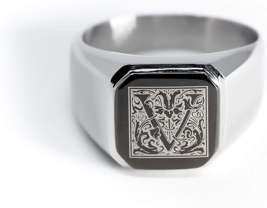 Jewelry | Stainless Steel Letter Alphabet Initial Ring | Square Flat Top Ring for Men & Women | Stainless Steel Jewelry, (Black, Gold, Silver), Size 7-16