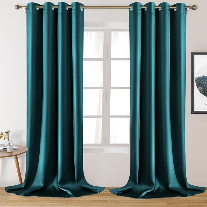 HOMEIDEAS 2 Panels Teal Faux Silk Blackout Luxury Curtains, 52 X 108 Inch Room Darkening Satin Thermal Insulated Window Drapes for Bedroom Decor, Indoor, Living Room