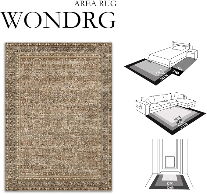 9x12 Brown Neutral Retro Area Rug | Washable, Low Pile, Floral, Soft, Non Slip, Carpet for Living Room Bedroom Dining Room Nursery Office Indoor Home Decor