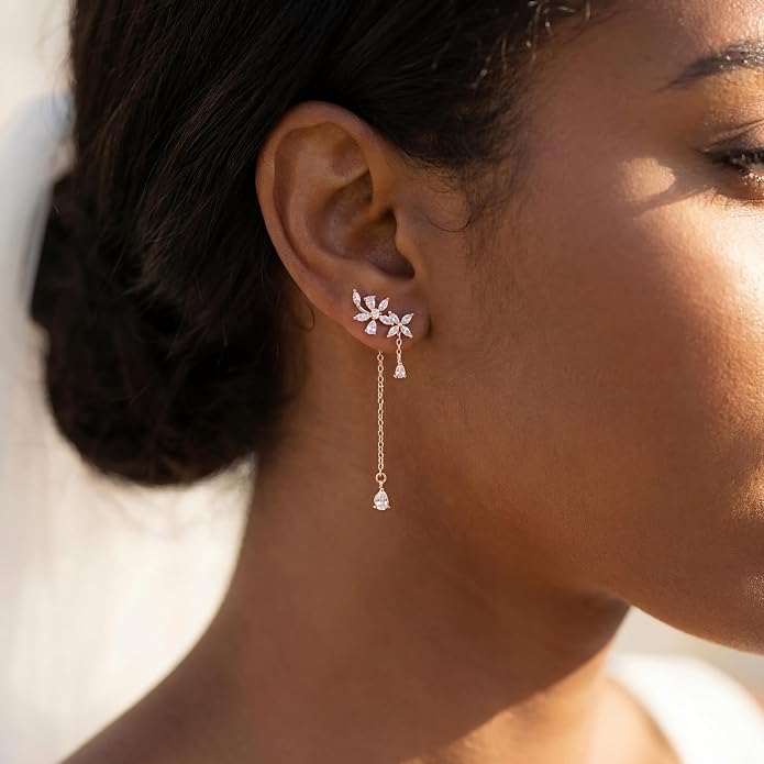 SLUYNZ 925 Sterling Silver Dainty CZ Flowers Wrap Earrings Dangle Chain for Women Elegant Dangling Earrings Bridal Earrings Wedding Engagement Drop Earrings Prom Engagement Party Jewelry