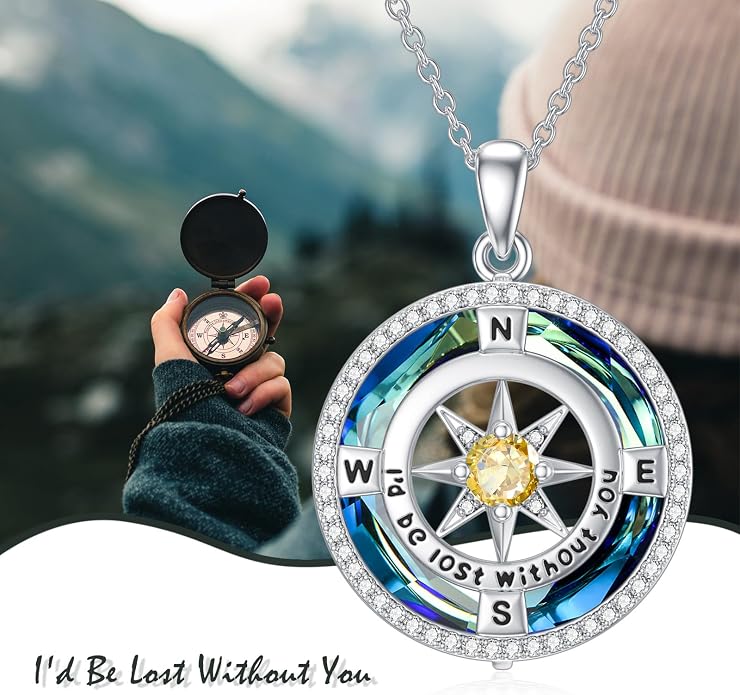 TOUPOP Necklace Gifts for Wife Compass Jewelry Women Anniversary Girlfriend Birthday Gift for Her Valentines I'd be Lost without You Sterling Silver Birthstone Necklaces