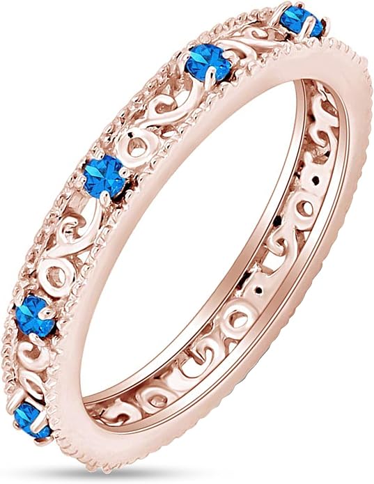 Jewel Zone US Filigree Eternity Wedding Band Ring for Women, Round Cut Simulated Gemstone Stackable Promise Ring in 14K Gold Plated 925 Sterling Silver Band Width 3.5mm – Elegant Jewelry for Her