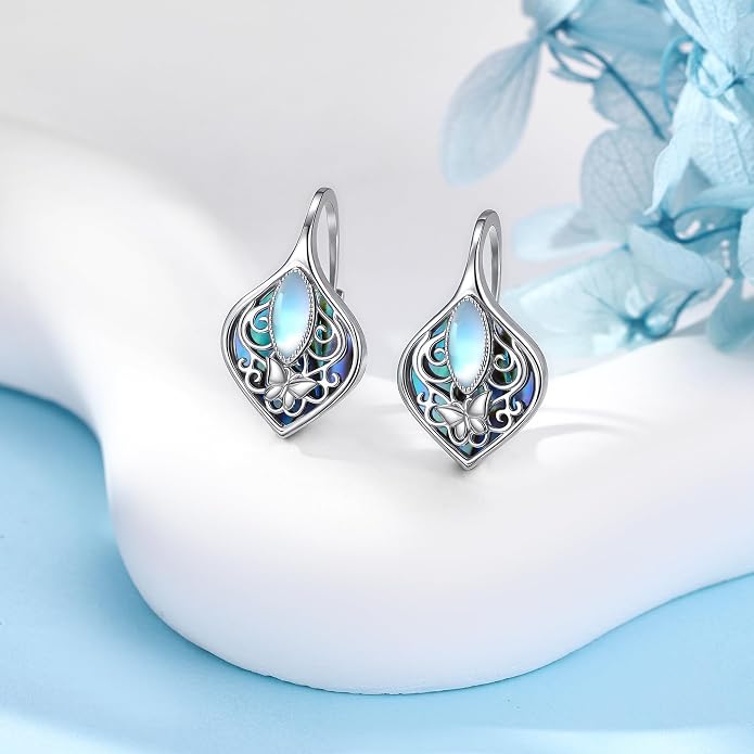 Moonstone Abalone Shell Earrings 925 Sterling Silver Dragonfly/Hummingbird/Butterfly/Lotus/Filigree Hoop Leverback Earrings Jewelry Gifts for Women