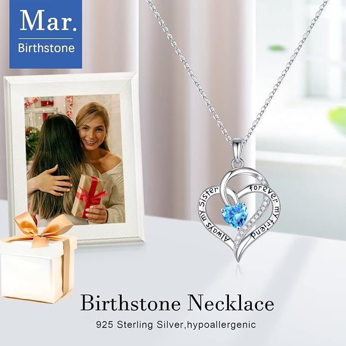 Iefil Gifts for Sister - 925 Sterling Silver Birthstone Necklace Sisters Jewelry