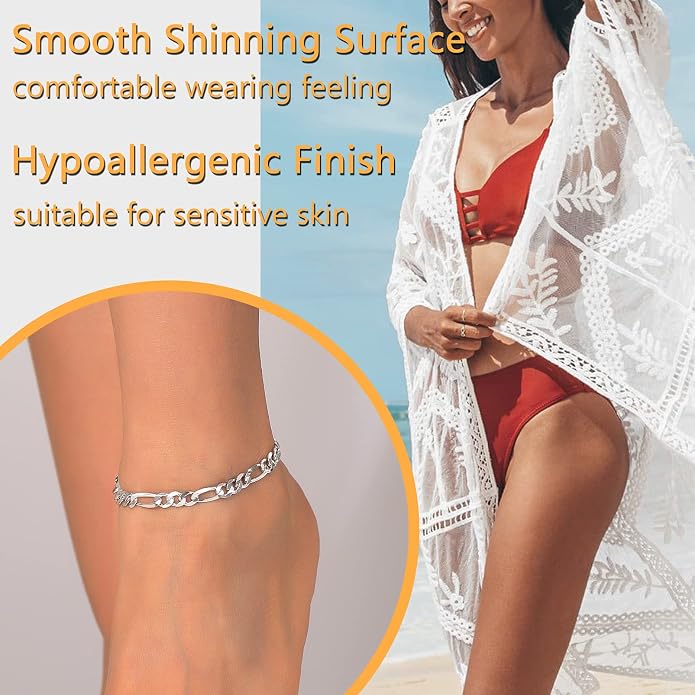 PROSILVER 925 Sterling Silver Ankle Bracelets For Women, Stylish Chain Anklets, Summer Beach Jewelry, 8.6-10.6 Inch Adjustable, Come with Box