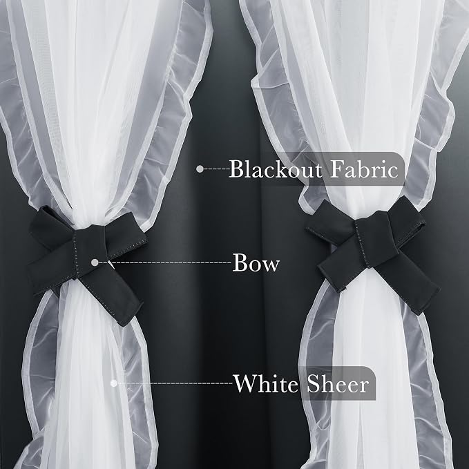 PONY DANCE Ruffle Curtains Double Layers Gradient Decoration with Sheer Overlay, French Country Rustic Design Window Covering with Tiebacks, 52" Wide x 84" Long, Ombre-Black, 2 Panels