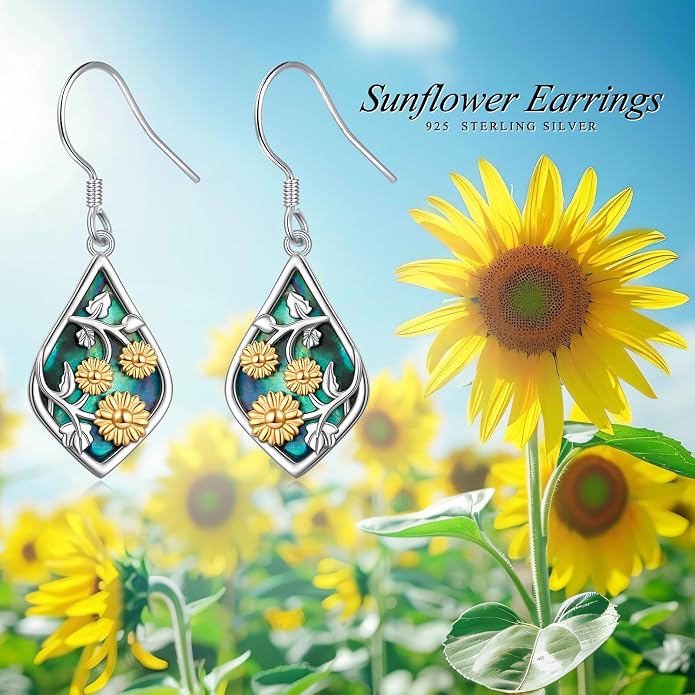 Sunflower Earrings for Women 925 Sterling Silver Dangle Earrings | Hypoallergenic Fishhook, Natural Abalone Shell, 18k Gold Plated Sunflower, Dangle Drop Earrings, Jewelry Gift for Graduation