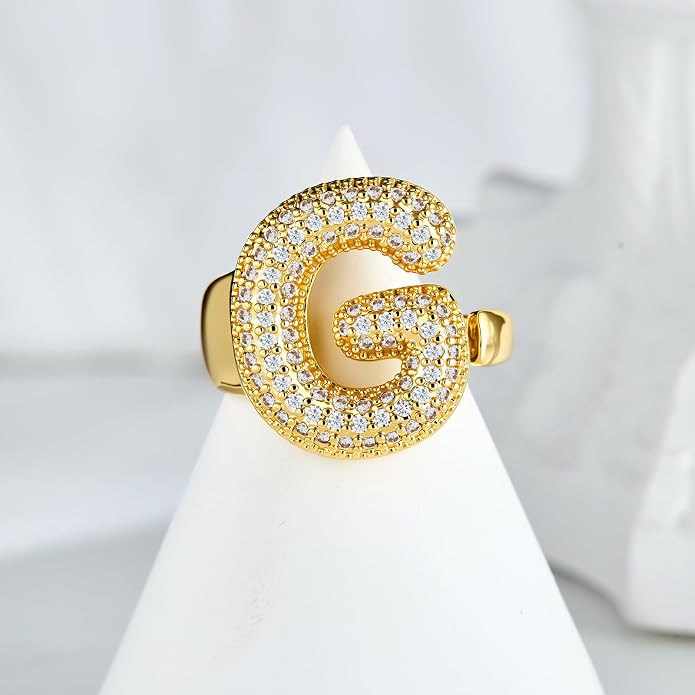 Cicy Bell Initial Rings for Women 14k Gold Plated Cubic Zirconia Delicate Letter Chunky Statement Open Rings Gifts for Her