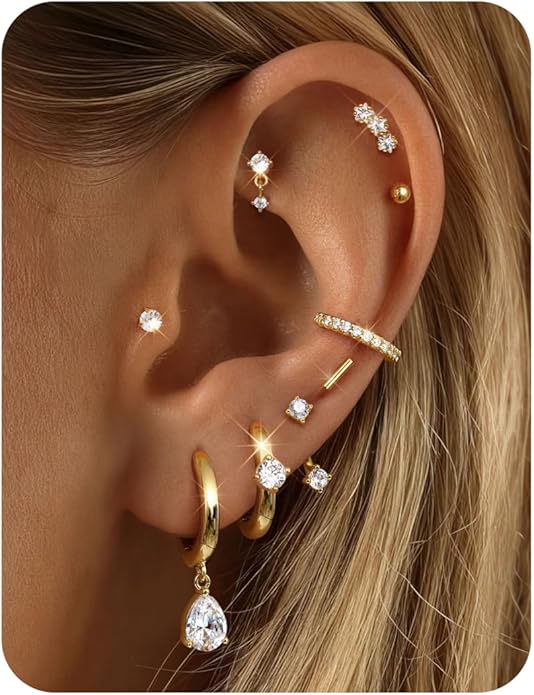 Hypoallergenic Silver Gold Earrings Stacks - 9 Pairs 14K Gold Plated Surgical Stainless Steel Earring Set for Sensitive Ears - Small Ear Piercing Flat Back Cartilage Earrings for Women Trendy Gifts