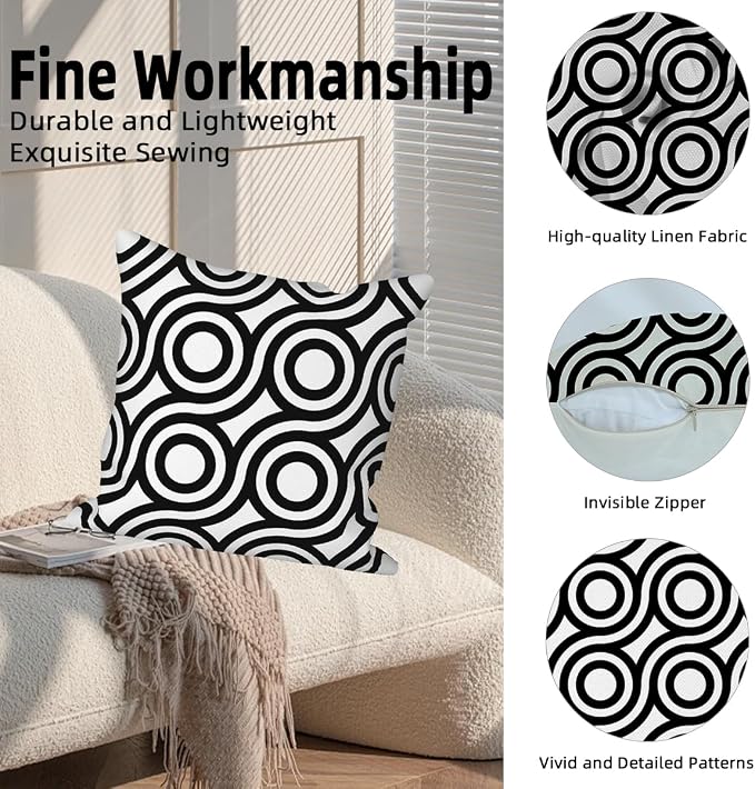 Black White Throw Pillow Covers Geometric Modern Abstract Grey Stripes Minimalist Art Boho Pattern 16x16 Set of 4 Cushion Cover for Outdoor Indoor Sofa Chair Couch Garden Patio Farmhouse