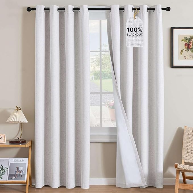 H.VERSAILTEX Linen Curtains 100% Blackout Curtains for Bedroom 90 inch Long Full Light Blocking Nature Linen Blended Window Curtains for Living Room Nickel Grommet (2 Panels, Heathered White)