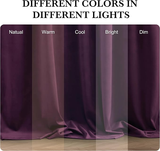 RYB HOME Eggplant Purple Velvet Curtains for Bedroom Living Room, Thermal Insulated Privacy UV Heat Blocking Luxurious Soft Rod Pocket Back Tab Drapes for Nursery, 52" W x 96" L, 2 Panels
