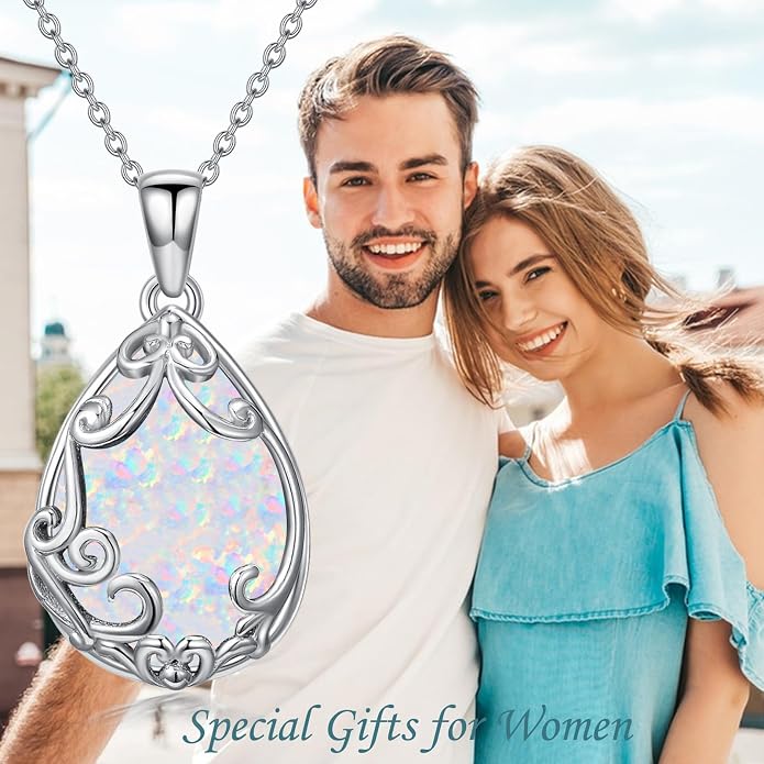 HPQQ Teardrop Necklace 925 Sterling Silver Filigree Gemstone Pendant Necklace Fine Jewelry Birthday Mother's Day Gifts for Women Her Mom