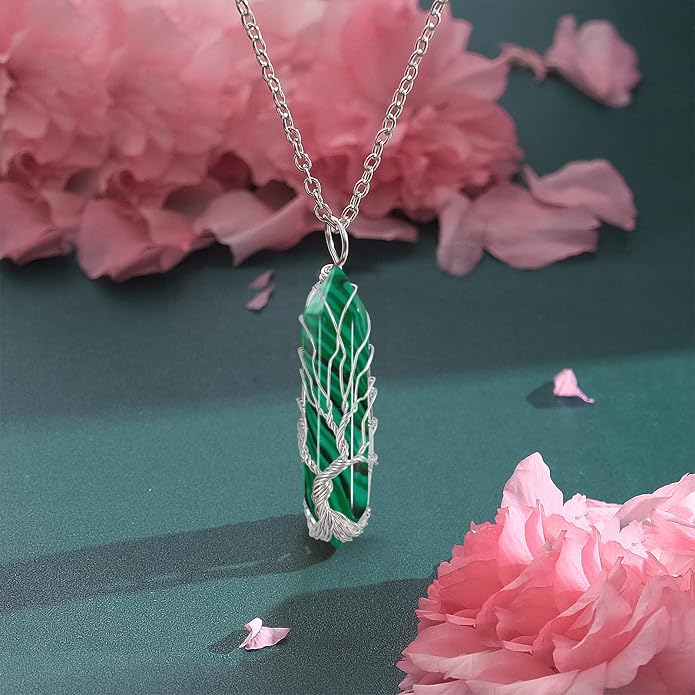 VIBILIA Healing Crystal Necklace Tree of Life Wire Wrapped Natural Stone Point Pendant Necklace Hexagonal Reiki Spiritual Quartz Gemstone Jewelry for Women Men