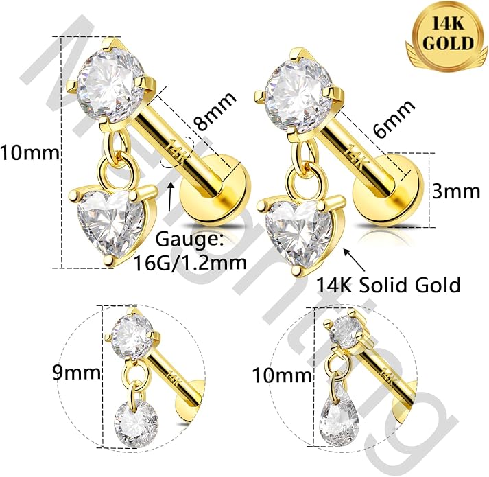 MeIighting 14K Solid Gold Helix Earring Clear CZ, Dangle Internal Thread Flat Back Earring, Teardrop Heart Round Cartilage Tragus Conch Piercing Jewelry for Women 6/8 mm