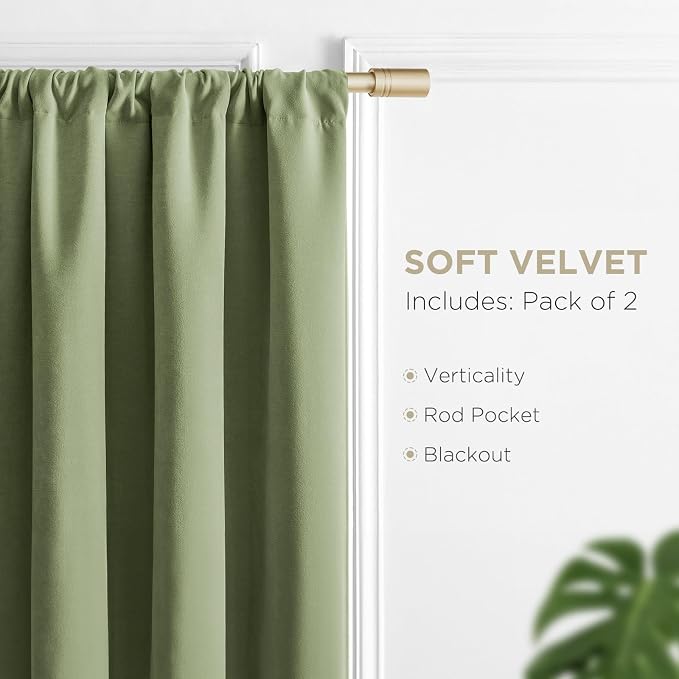 Joydeco Blackout Velvet Curtains Coconut Green 90 Inch Rod Pocket | Luxury Thermal Insulated Velvet Curtains for Bedroom Living Room, Soundproof Blackout Window Drapes