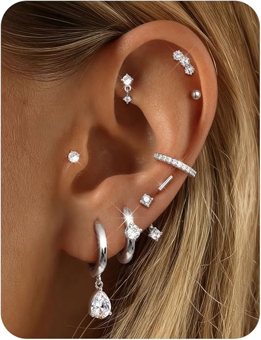 Hypoallergenic Silver Gold Earrings Stacks - 9 Pairs 14K Gold Plated Surgical Stainless Steel Earring Set for Sensitive Ears - Small Ear Piercing Flat Back Cartilage Earrings for Women Trendy Gifts