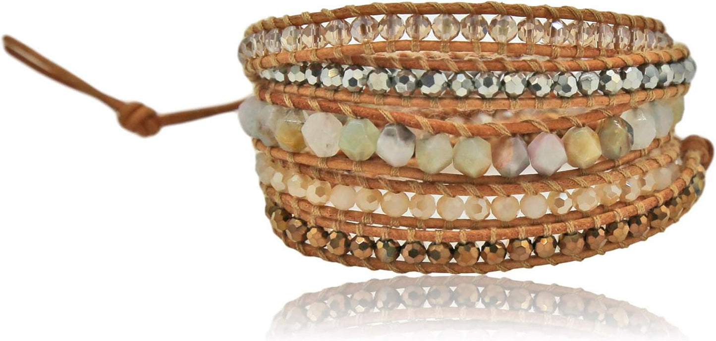 MGR MY GEMS ROCK! 35-Inch Long Multi-Layer Hand Crafted Gemstone and Crystal Multi-Stone Beaded on Genuine Leather Boho Style Stackable Super Wrap Bracelet, up to 5 Wraps.