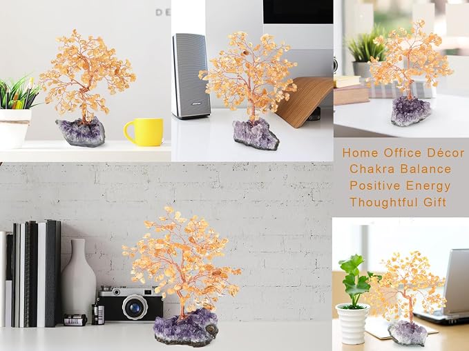 Natural Citrine Crystal Tree with Amethyst Geode Base,Crystal Ornaments Feng Shui Bonsai Money Tree,Chakra Balancing Positive Energy Figurings Decor 5.5"-6.3"