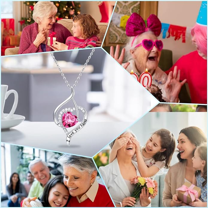 Nana Gifts Sterling Silver Heart Birthstone Necklaces, I Love You Nana Gifts for Mothers, Grandma