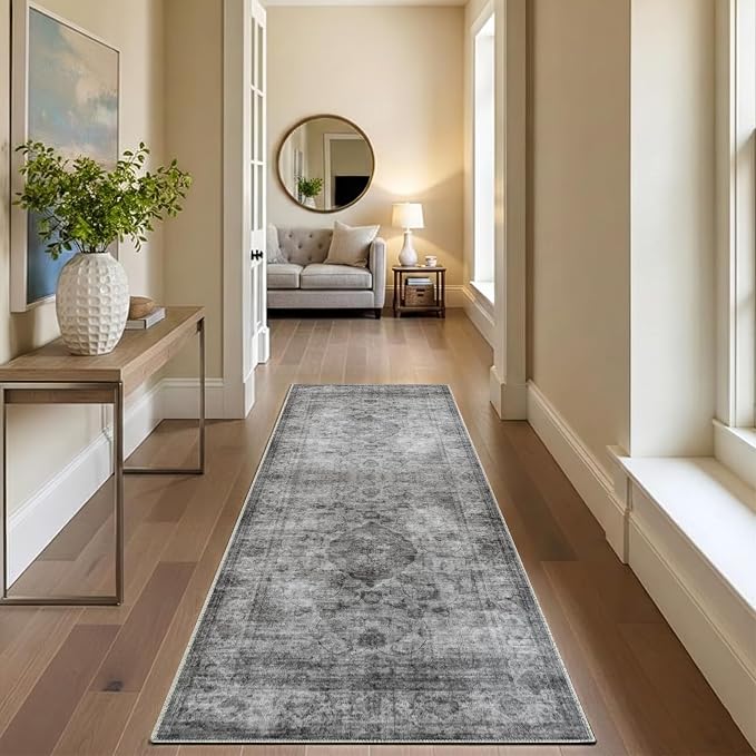 2x6 Runner Rug for Entryway Hallway-Vintage Farmhouse Boho Floral Neutral Washable Stain Resistant Indoor Rugs for Home Decor(Ashen Black)