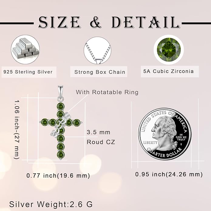 Rotated Crown Cross Necklaces for Women, 925 Sterling Silver Round Cut Zircon Neckalce Pendant With Ring Birthstones Jewelry for Her