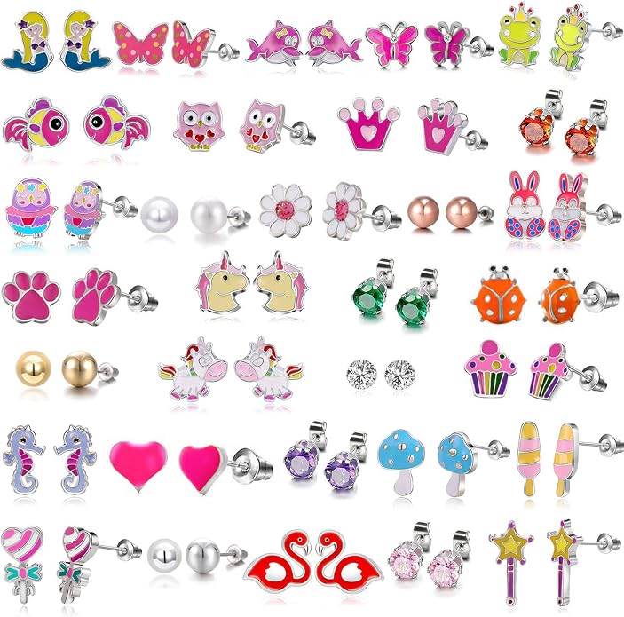 33 Pairs Stainless Steel Cartoon Earrings for Girls - Hypoallergenic Colorful Stud Earing Set, Mix & Match Cute Earring for Teens, Kids, Doll Dressup Accessories