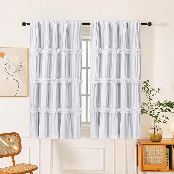 Homechoice Decor Thermal Insulated Window Curtains 42" W x 63" L (Pair) | White Boho Ruched Blackout Window Treatments with 3 Rows of Butterfly Flowers, Rustic Rod Pocket Drapes for Room (LQ-30)