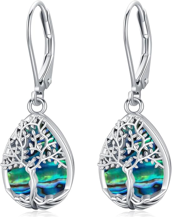Odinstone 925 Sterling Silver Earrings Tree of Life Teardrop Moonstone Dangle Drop Leverback Earrings for Women