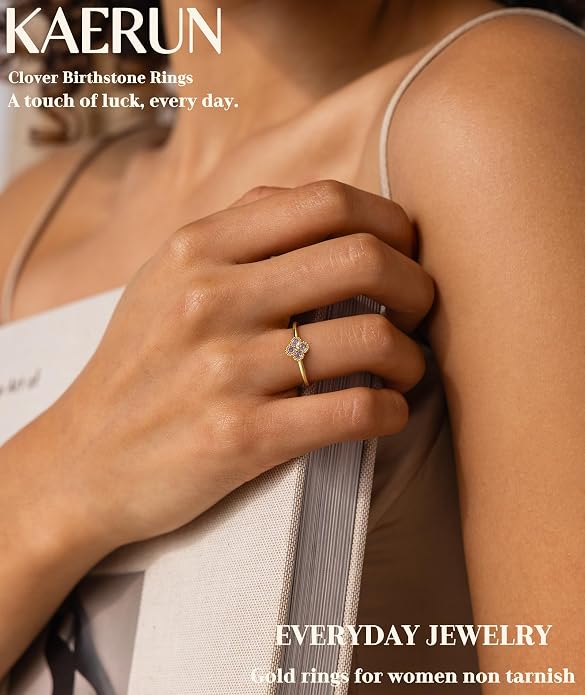 KAERUN Clover Birthstone Gold Rings for Women Non Tarnish 14K Gold Plated Stackable Thumb Ring Dainty Clover CZ Gemstone Emerald Engagement Rings Wedding Band Jewelry for Birthday Gifts Size 6-10